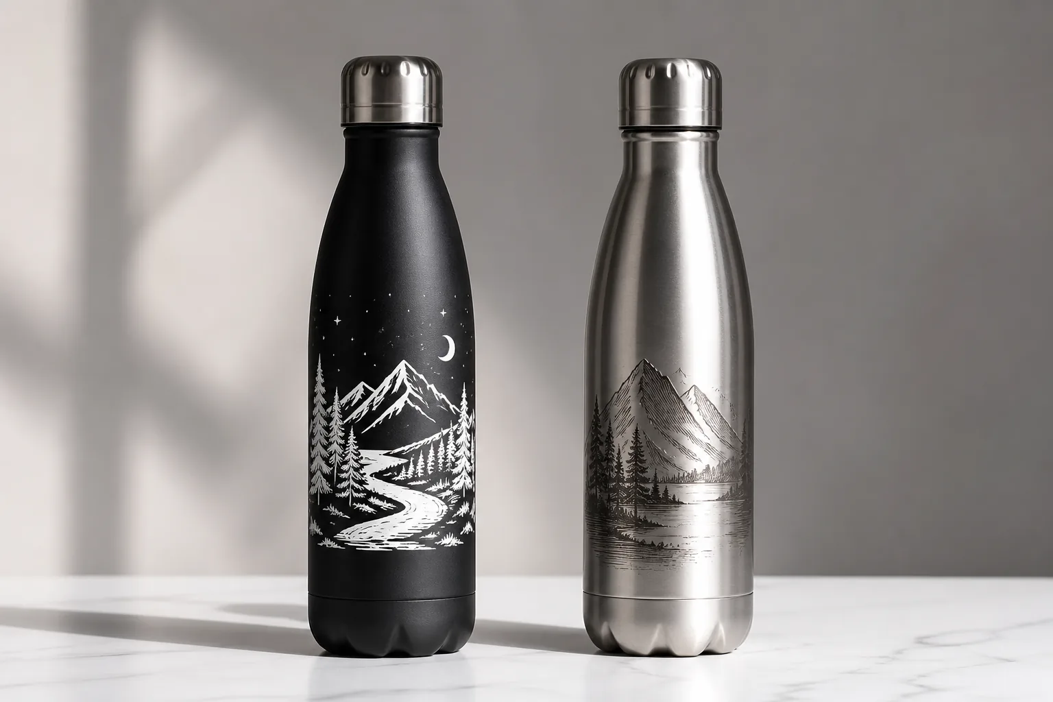 A silkscreen-printed bottle and a laser-engraved bottle side by side