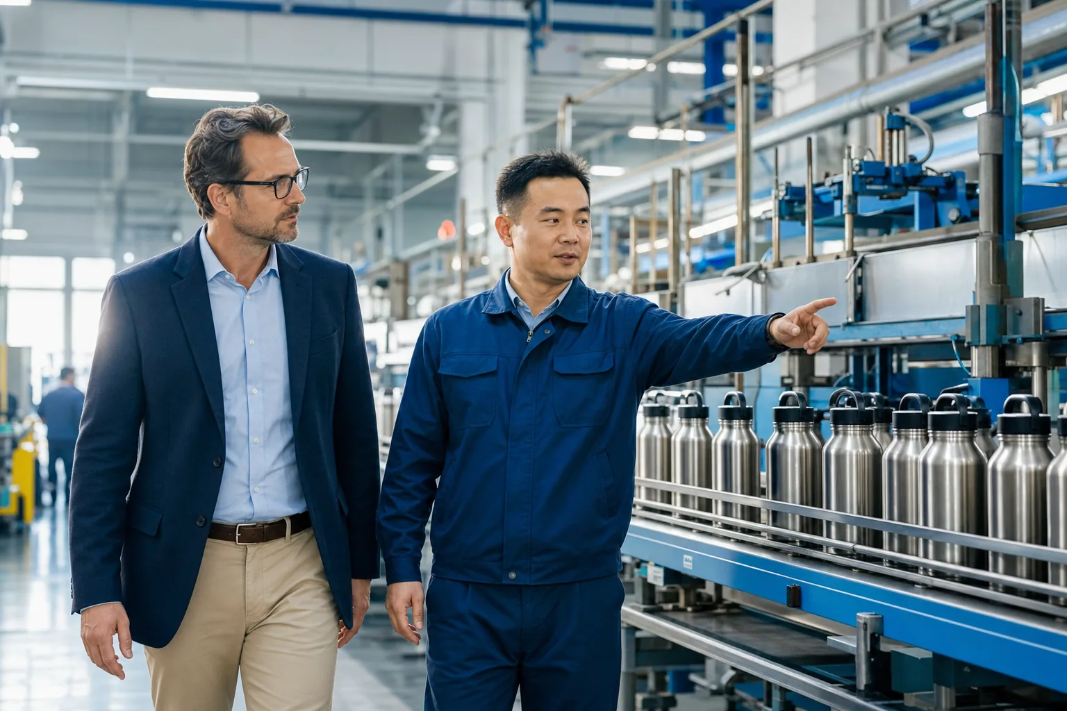 A western business visitor walking through a modern Chinese stainless steel drinkware factory in Zhejiang