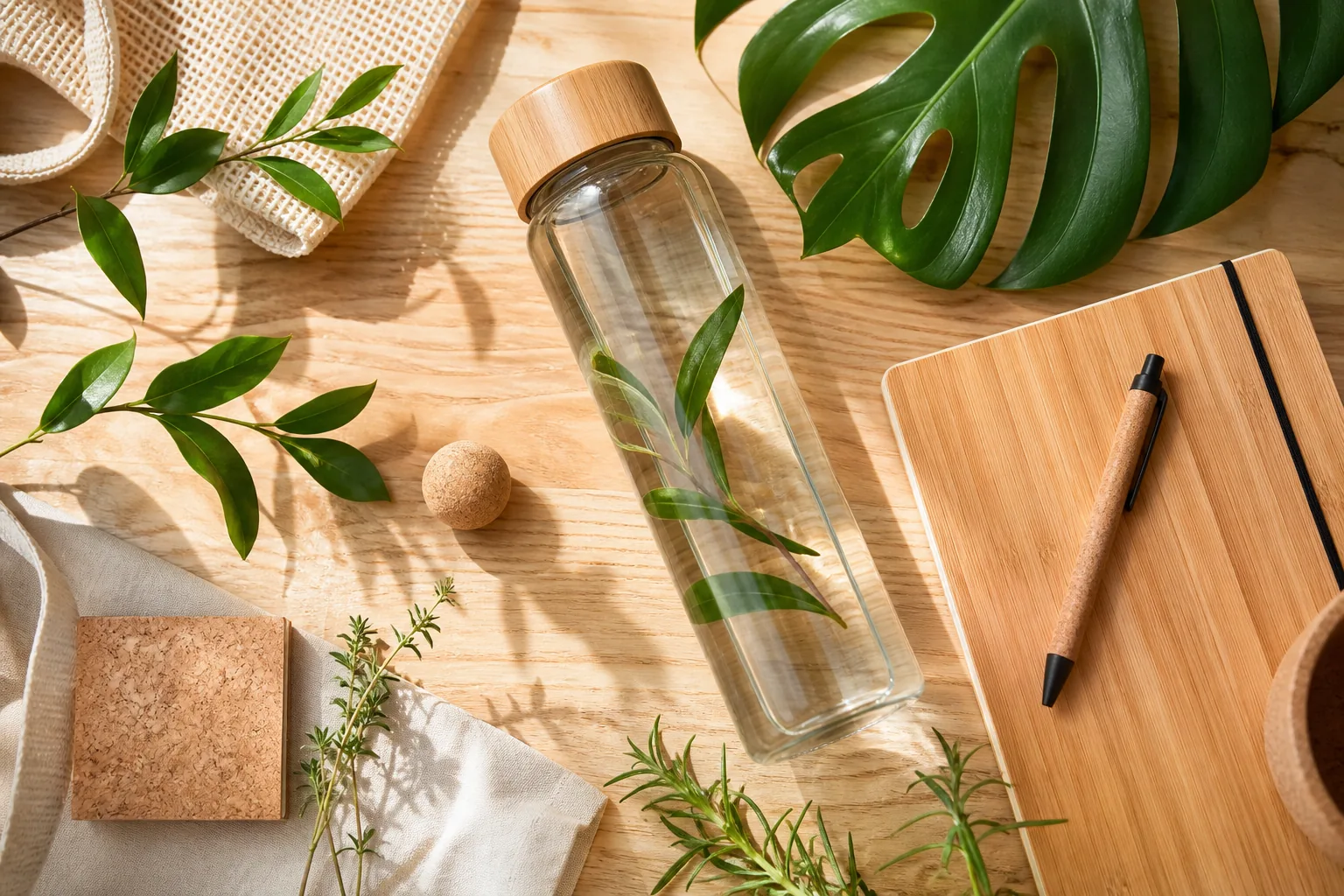 A borosilicate glass bottle with bamboo lid on a natural wood surface with greenery