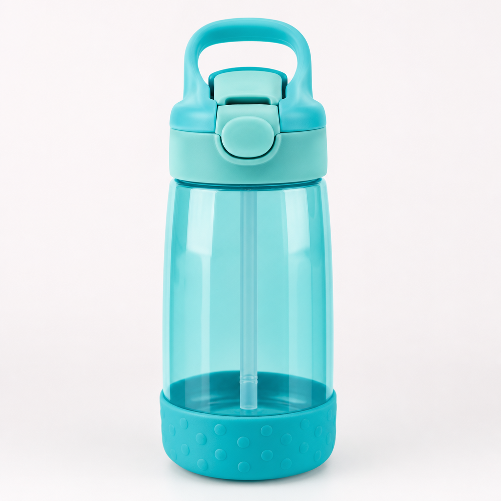 Teal kids water bottle with silicone grip ring and flip straw lid